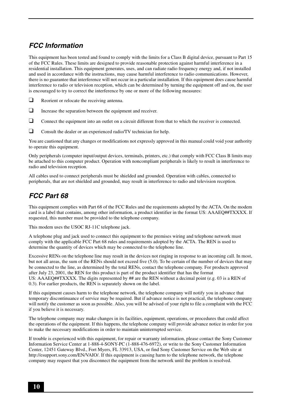 10 fcc information, Fcc part 68 | Sony VGC-LT15E User Manual | Page 10 / 20