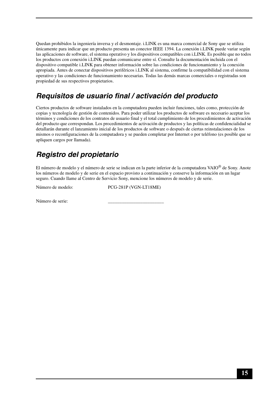 Registro del propietario | Sony VGC-LT15E User Manual | Page 15 / 20