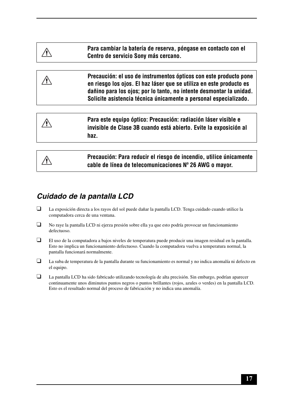 Cuidado de la pantalla lcd | Sony VGC-LT15E User Manual | Page 17 / 20