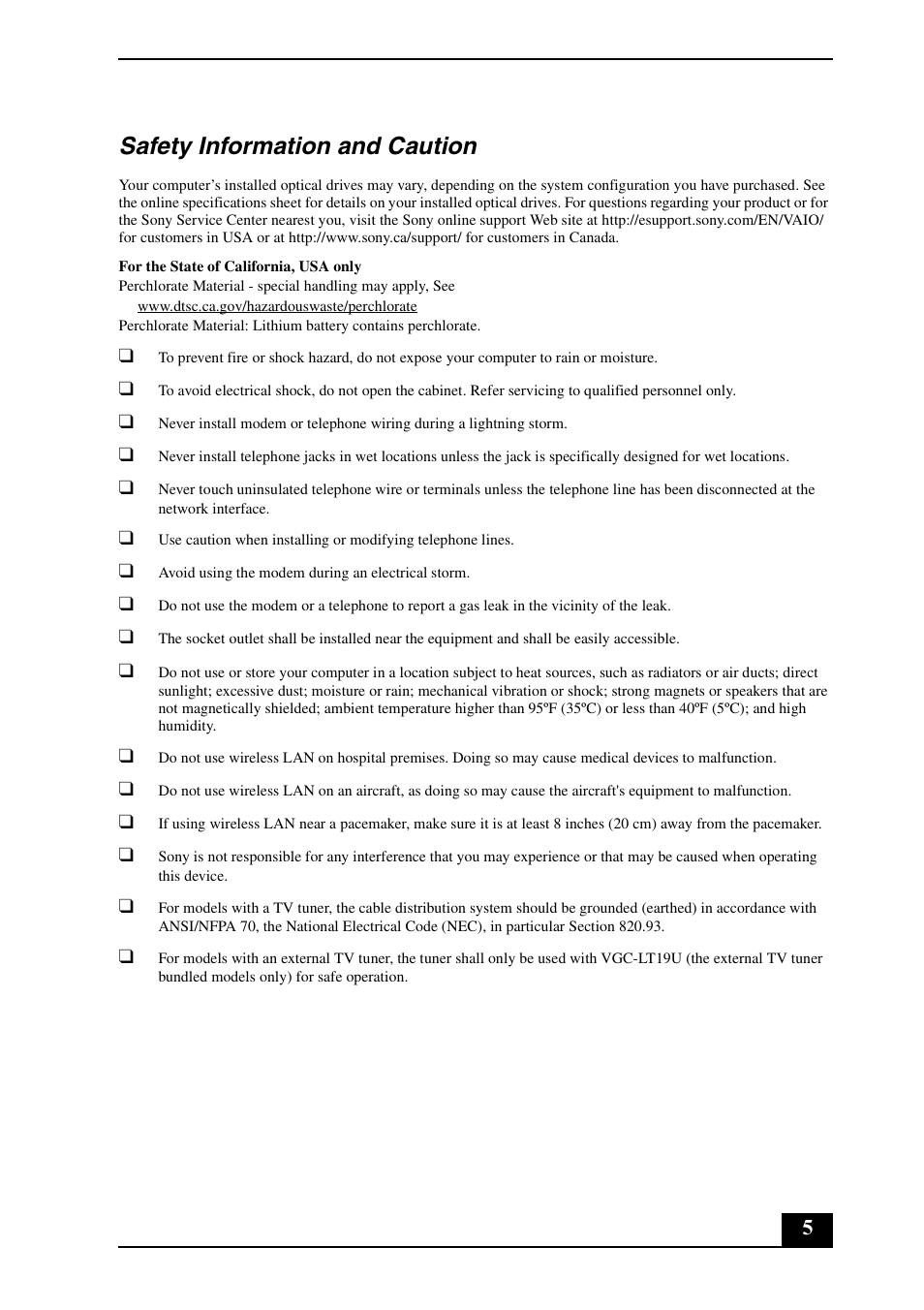 Safety information and caution | Sony VGC-LT15E User Manual | Page 5 / 20