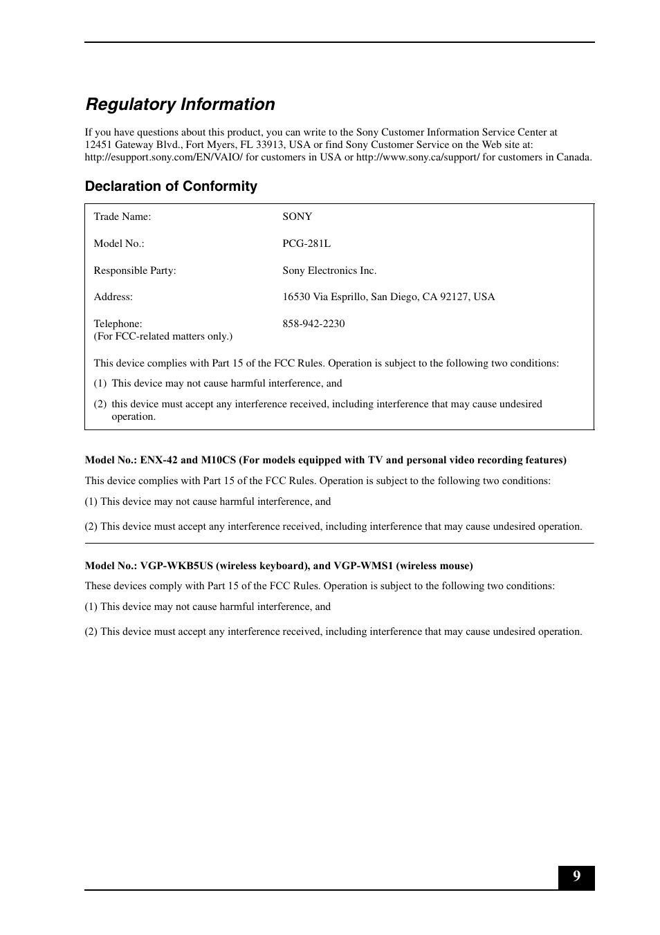 Regulatory information, Declaration of conformity | Sony VGC-LT15E User Manual | Page 9 / 20