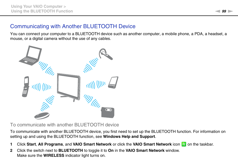 Communicating with another bluetooth device | Sony VPCL236FX User Manual | Page 99 / 196