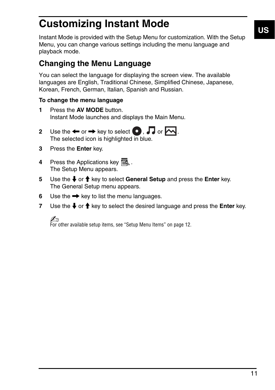 Customizing instant mode, Changing the menu language | Sony Instant Mode User Manual | Page 13 / 72