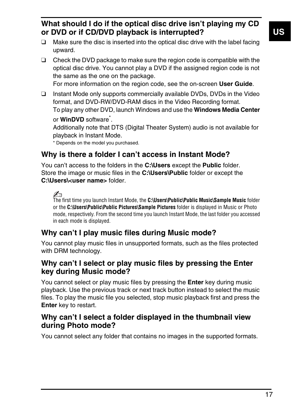 Why can’t i play music files during music mode | Sony Instant Mode User Manual | Page 19 / 72