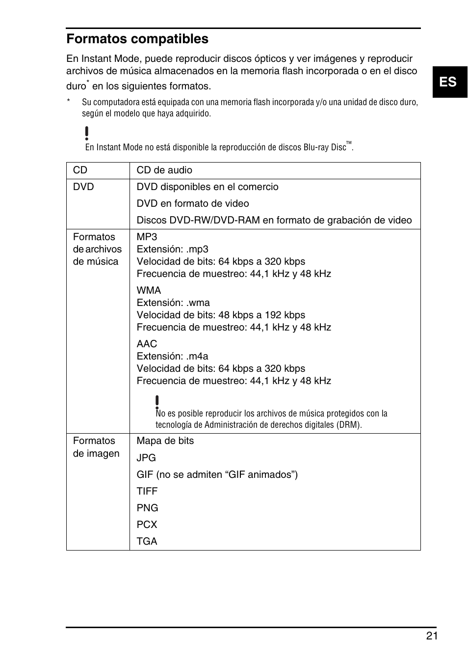 Formatos compatibles, Es formatos compatibles | Sony Instant Mode User Manual | Page 23 / 72