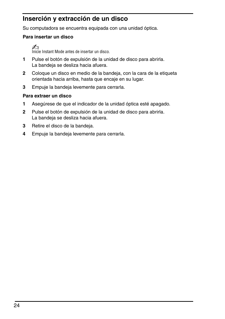 Inserción y extracción de un disco | Sony Instant Mode User Manual | Page 26 / 72