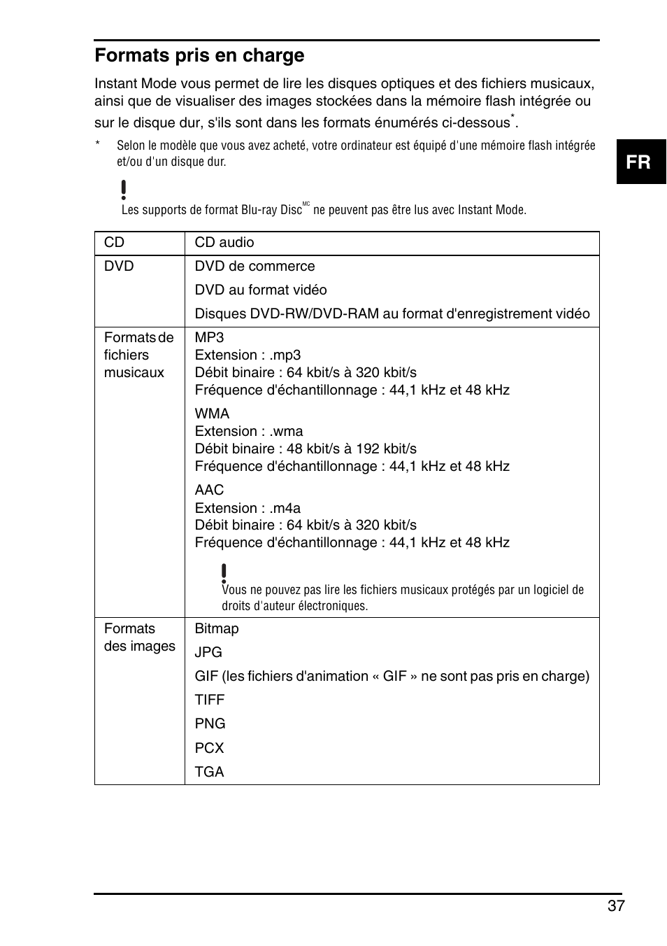 Formats pris en charge, Fr formats pris en charge | Sony Instant Mode User Manual | Page 39 / 72
