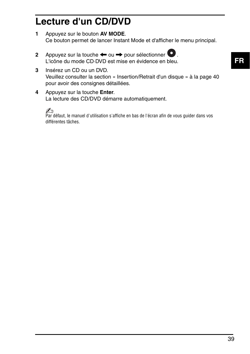 Lecture d'un cd/dvd | Sony Instant Mode User Manual | Page 41 / 72