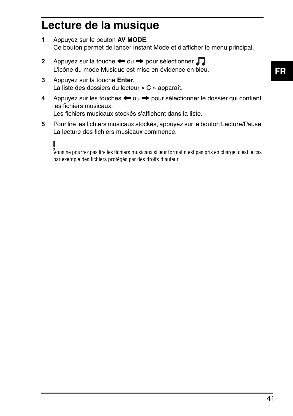 Lecture de la musique | Sony Instant Mode User Manual | Page 43 / 72