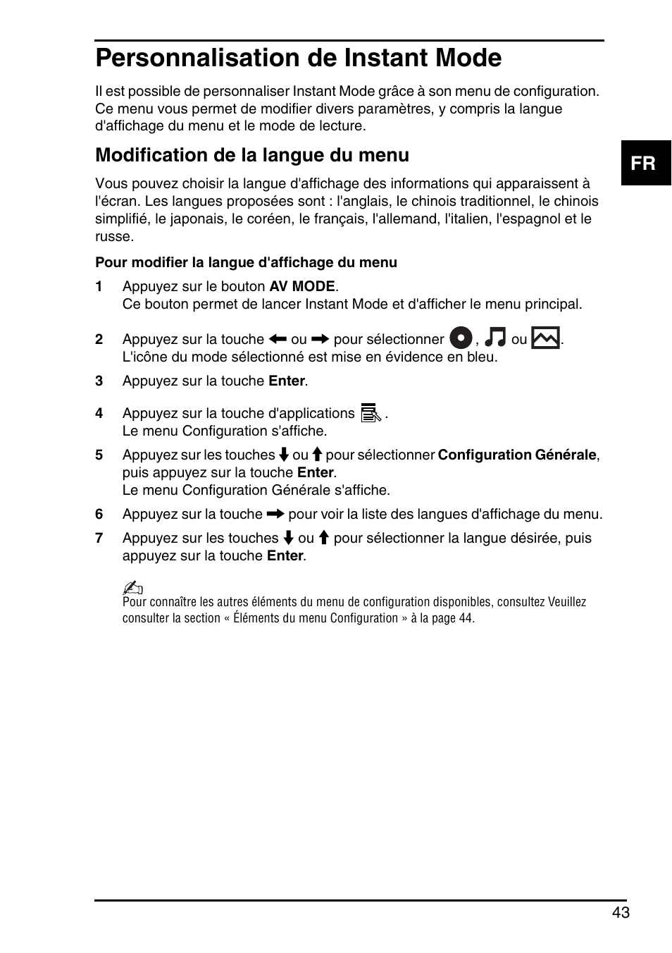 Personnalisation de instant mode, Modification de la langue du menu | Sony Instant Mode User Manual | Page 45 / 72