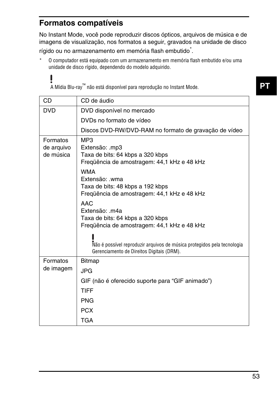 Formatos compatíveis, Pt formatos compatíveis | Sony Instant Mode User Manual | Page 55 / 72