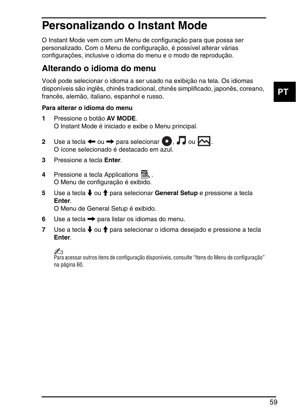 Personalizando o instant mode, Alterando o idioma do menu | Sony Instant Mode User Manual | Page 61 / 72