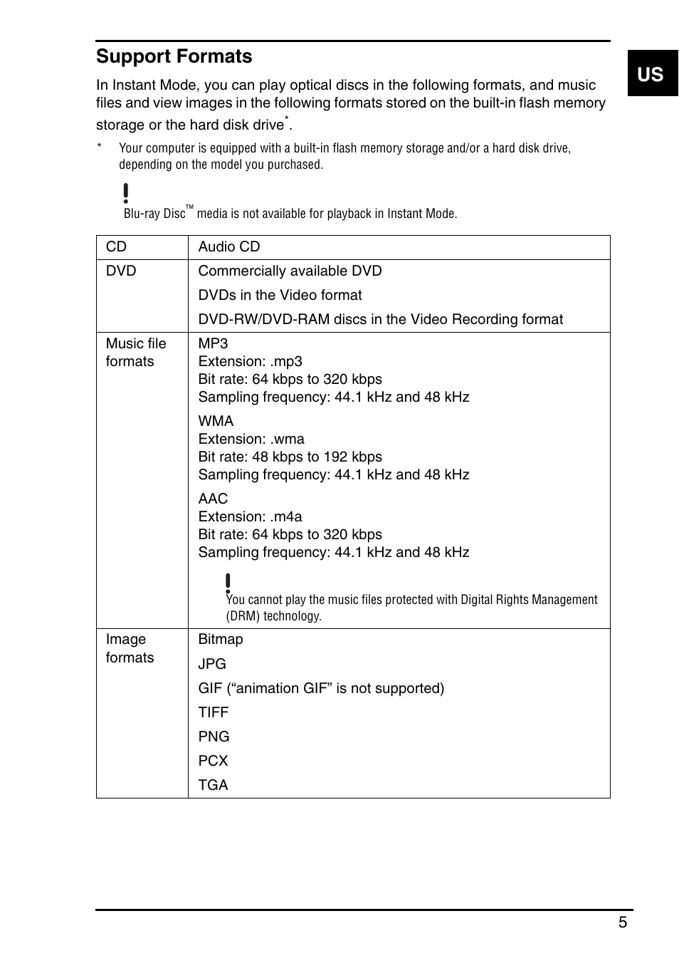 Support formats, Us support formats | Sony Instant Mode User Manual | Page 7 / 72