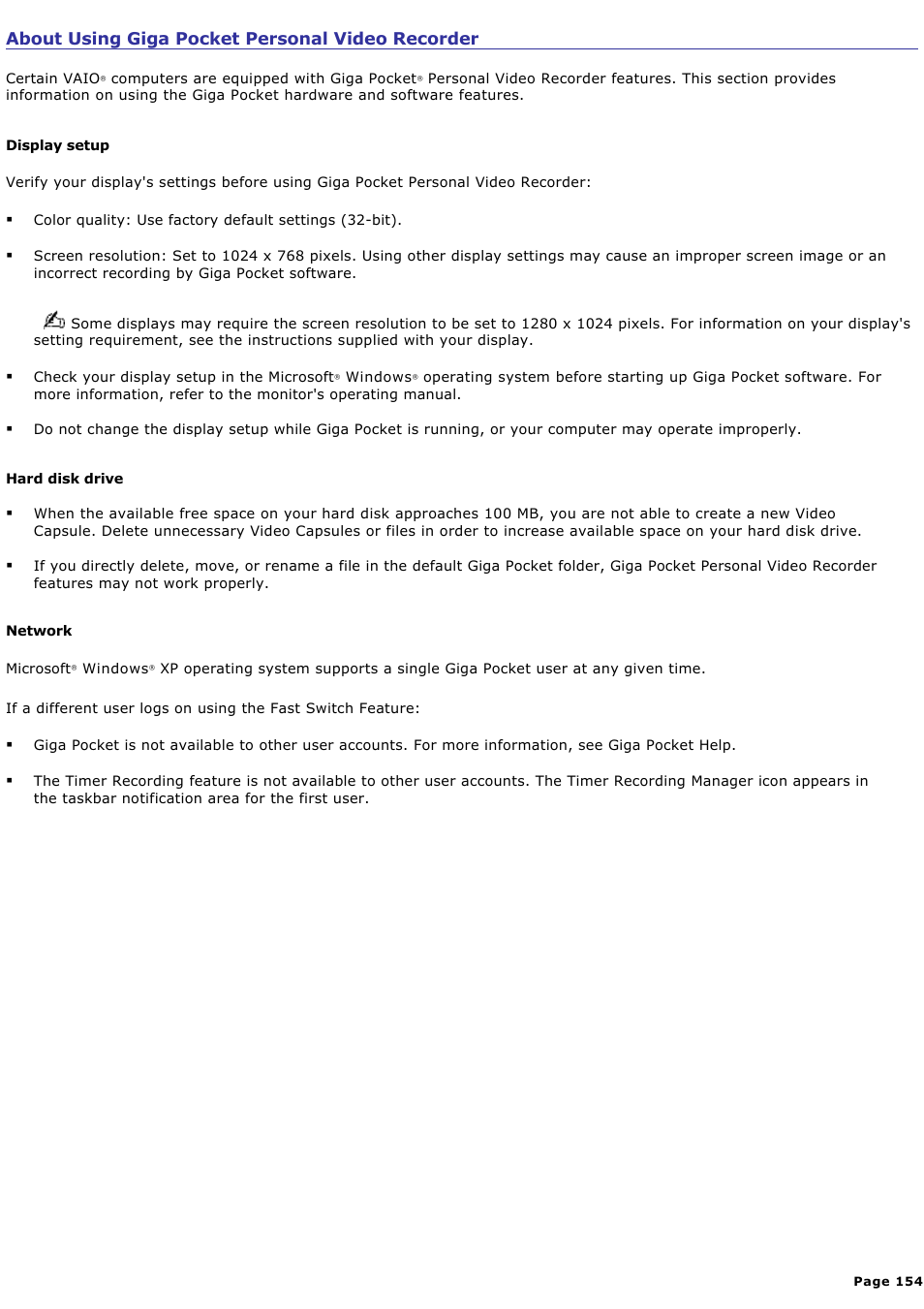 About using giga pocket personal video recorder | Sony VGC-RA825GY User Manual | Page 154 / 164