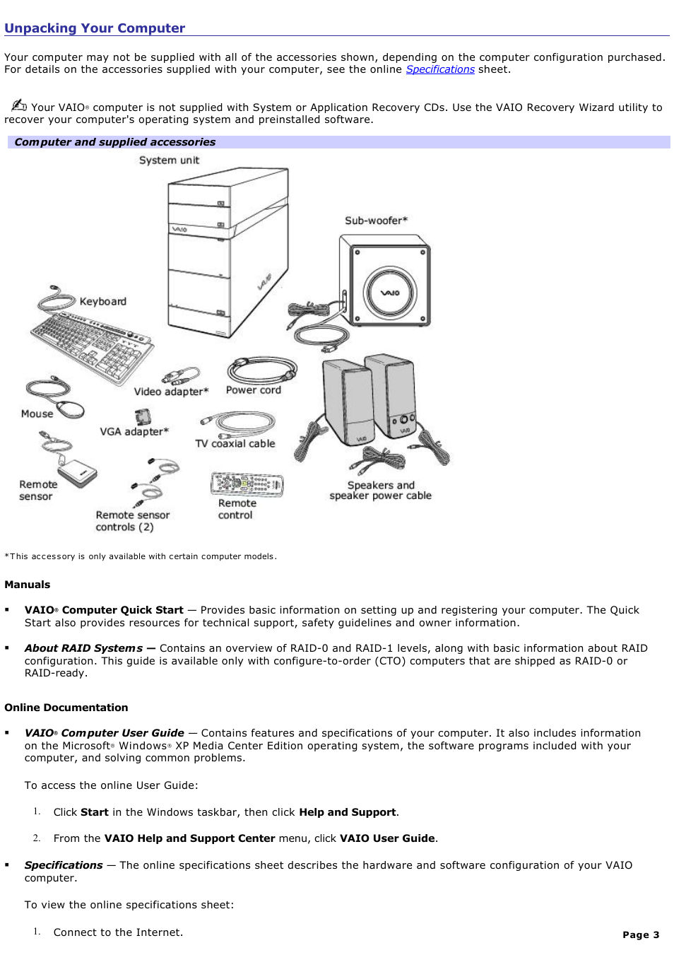 Unpacking your computer | Sony VGC-RA825GY User Manual | Page 3 / 164