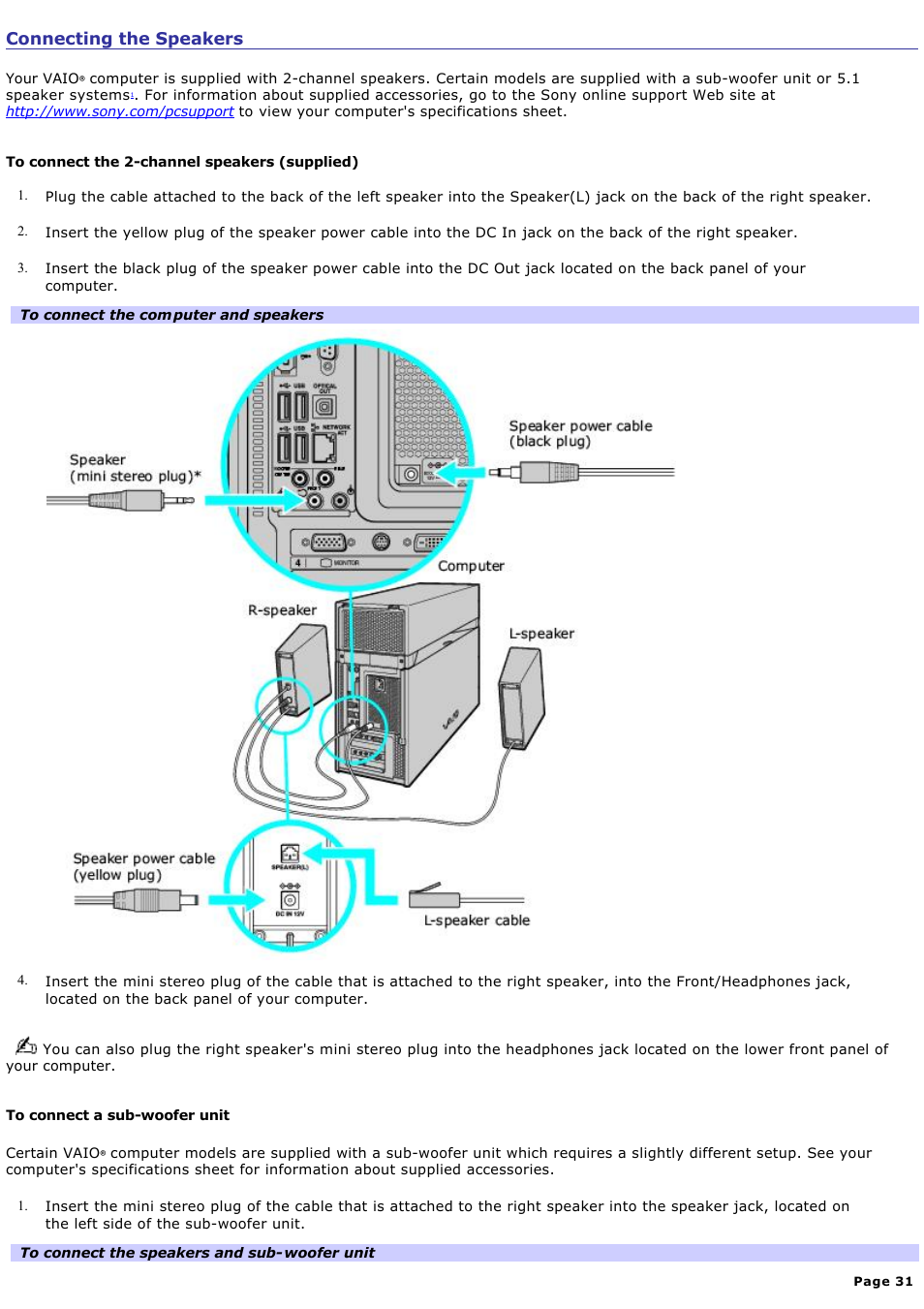 Connecting the speakers | Sony VGC-RA825GY User Manual | Page 31 / 164