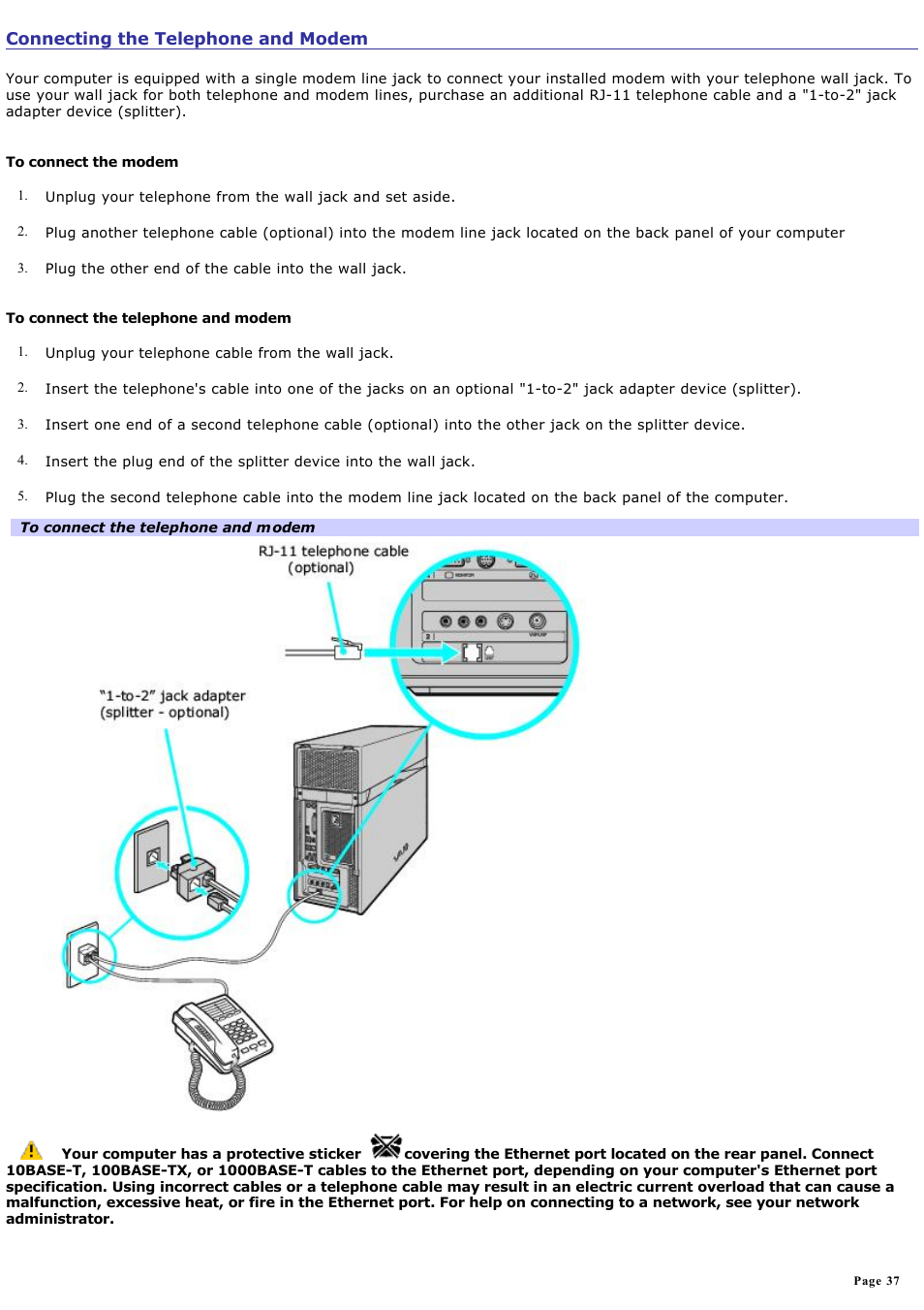 Connecting the telephone and modem | Sony VGC-RA825GY User Manual | Page 37 / 164