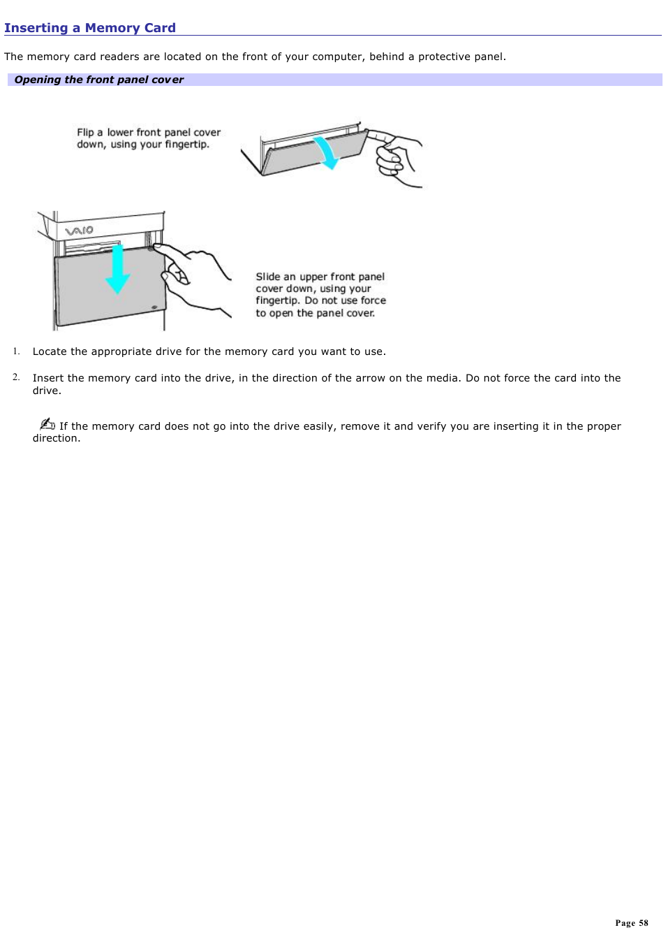 Inserting a memory card | Sony VGC-RA825GY User Manual | Page 58 / 164