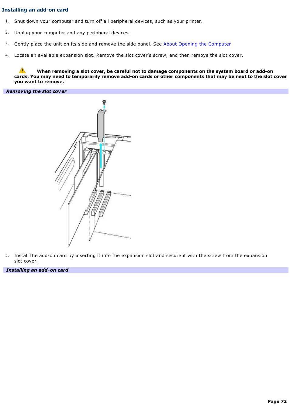 Installing an add-on card | Sony VGC-RA825GY User Manual | Page 72 / 164