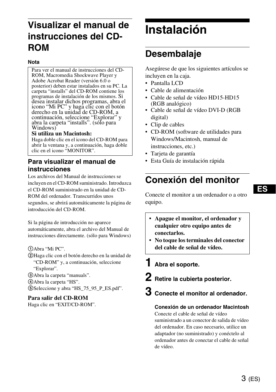 Visualizar el manual de instrucciones del cd- rom, Instalación, Desembalaje | Conexión del monitor | Sony SDM-HS75PB User Manual | Page 15 / 20