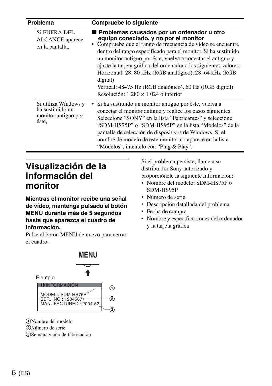 Visualización de la información del monitor, Menu | Sony SDM-HS75PB User Manual | Page 18 / 20