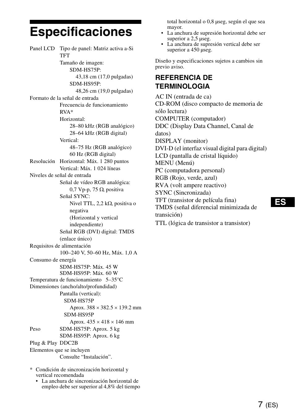 Especificaciones, Referencia de terminologia | Sony SDM-HS75PB User Manual | Page 19 / 20