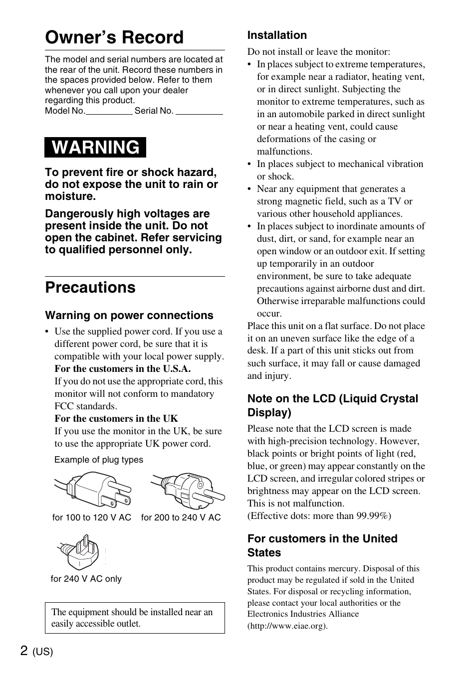 Precautions, Owner’s record, Warning | Sony SDM-HS75PB User Manual | Page 2 / 20