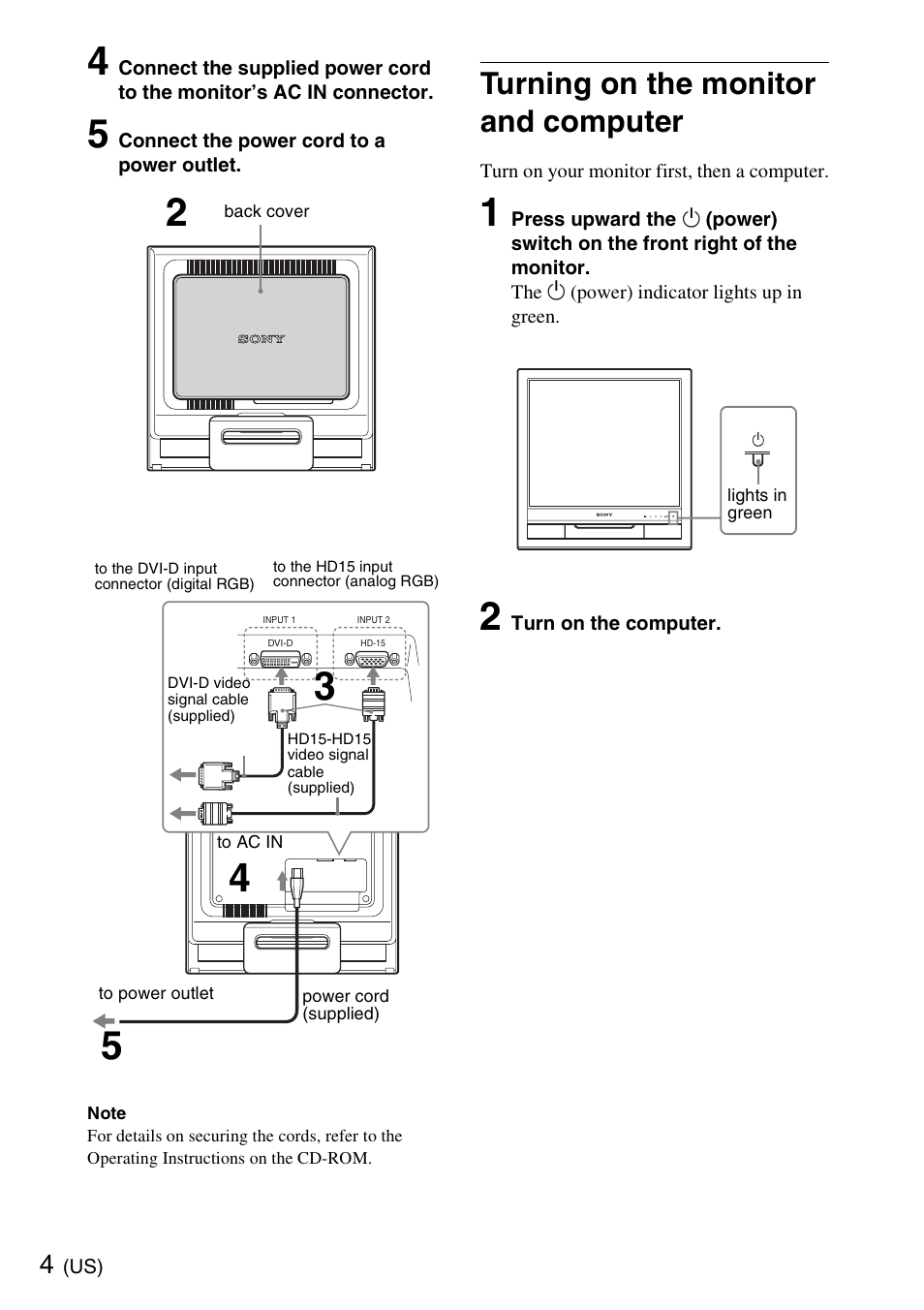 Turning on the monitor and computer | Sony SDM-HS75PB User Manual | Page 4 / 20