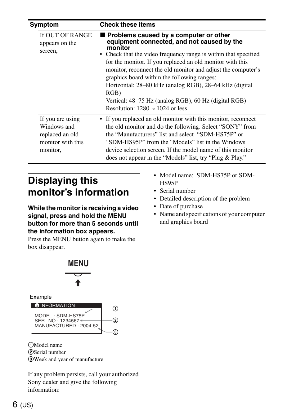 Displaying this monitor’s information, Menu | Sony SDM-HS75PB User Manual | Page 6 / 20