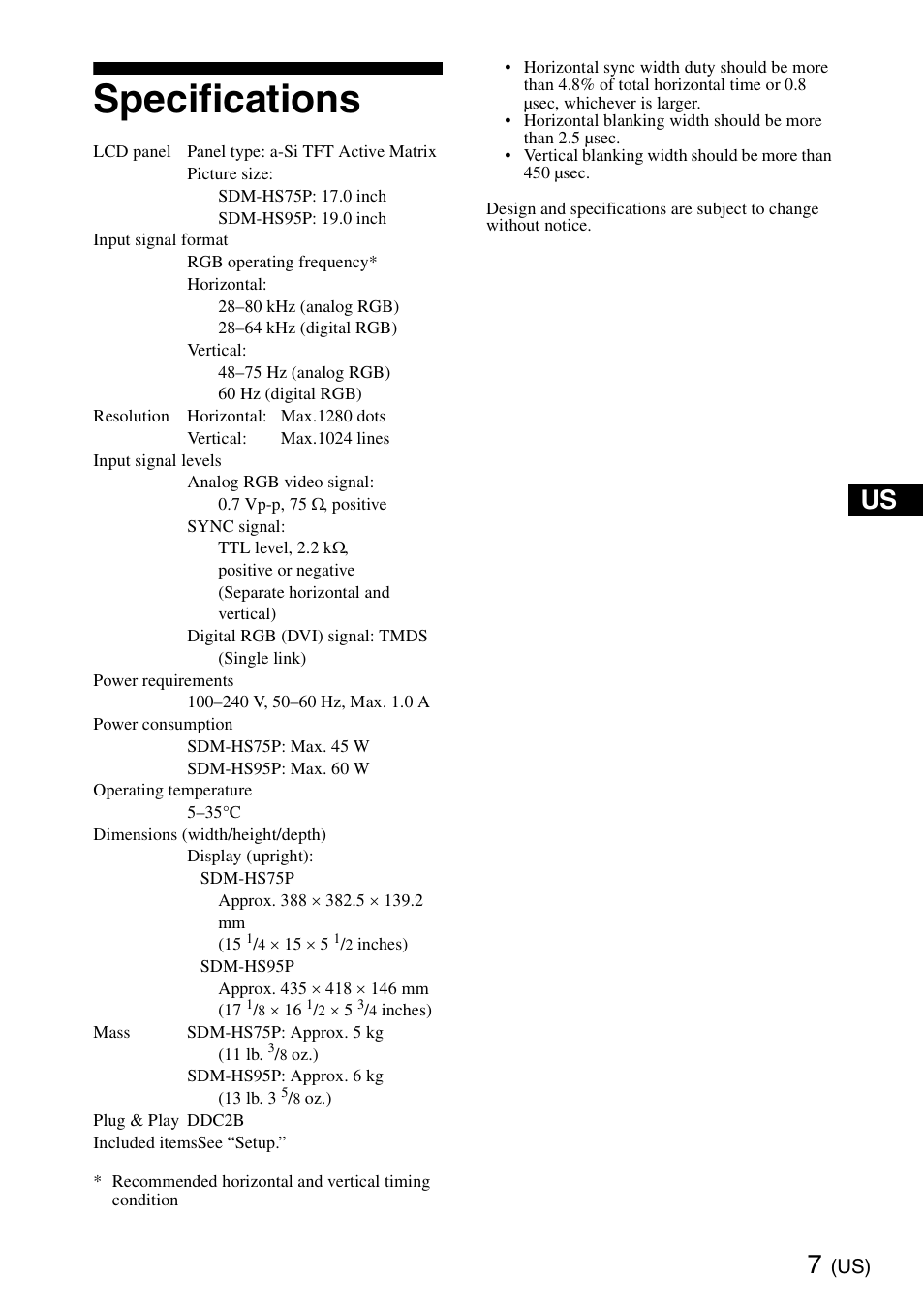 Specifications | Sony SDM-HS75PB User Manual | Page 7 / 20