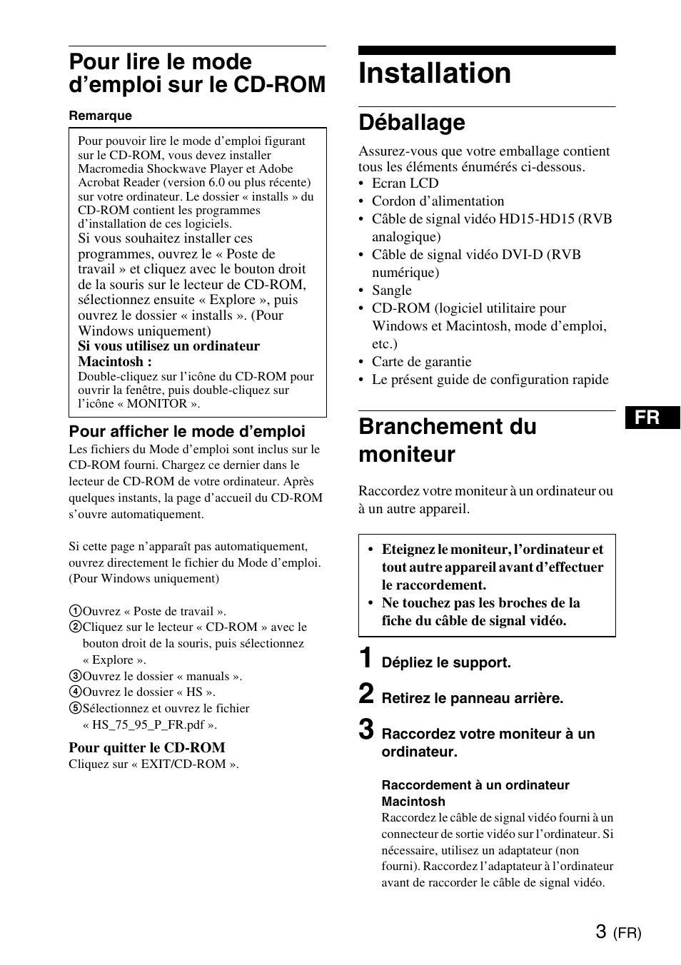 Pour lire le mode d’emploi sur le cd-rom, Installation, Déballage | Branchement du moniteur | Sony SDM-HS75PB User Manual | Page 9 / 20