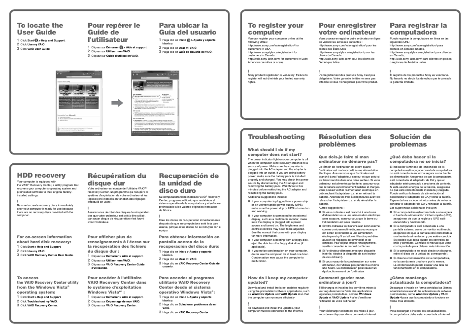 Recuperación de la unidad de disco duro, Pour repérer le guide de l'utilisateur, Para ubicar la guía del usuario | Hdd recovery, Récupération du disque dur, Pour enregistrer votre ordinateur, Para registrar la computadora, Troubleshooting, Résolution des problèmes, Solución de problemas | Sony VGN-CS190Y User Manual | Page 2 / 2