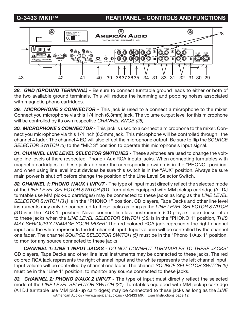Q-3433 mkii™ rear panel - controls and functions | American Audio Q-3433 User Manual | Page 12 / 21