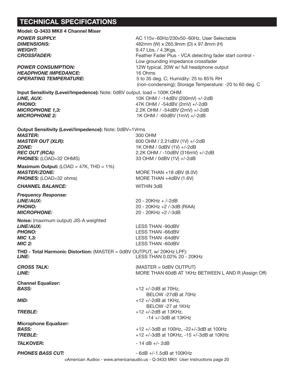 Technical specifications | American Audio Q-3433 User Manual | Page 20 / 21