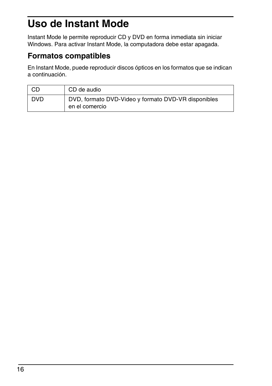 Uso de instant mode, Formatos compatibles | Sony VGN-TX850P User Manual | Page 18 / 28