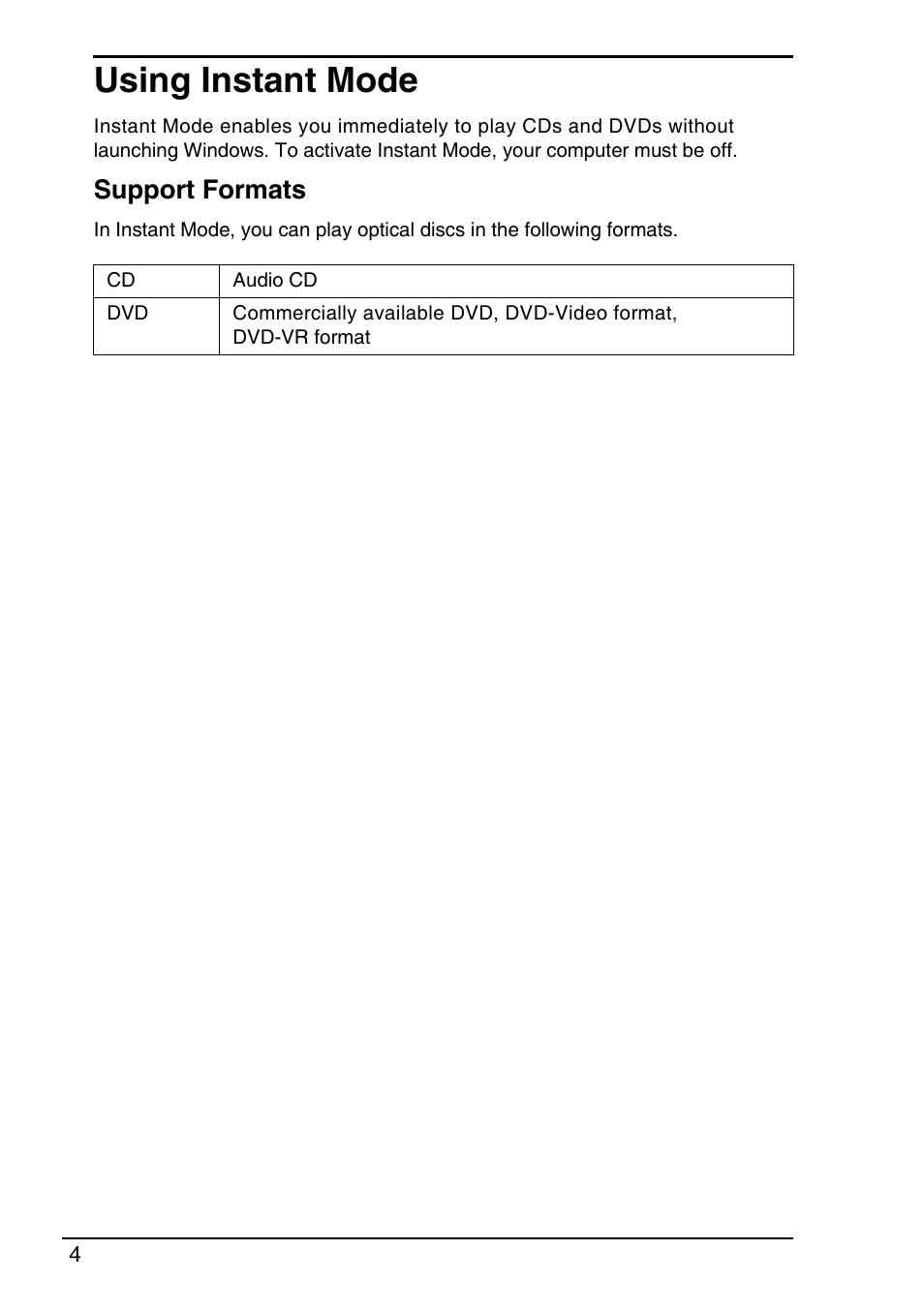 Using instant mode, Support formats | Sony VGN-TX850P User Manual | Page 6 / 28