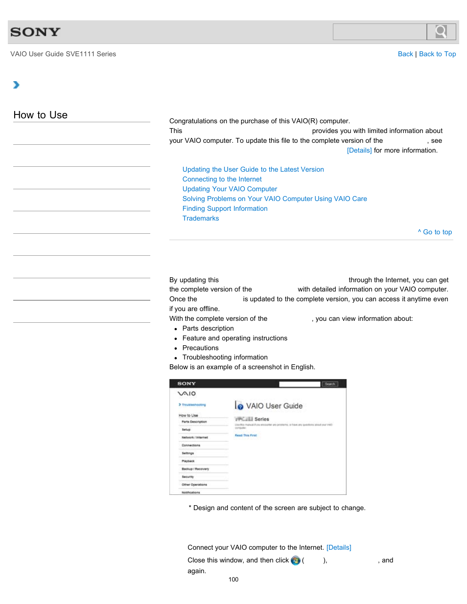 Version, Details, How to use | Welcome, Updating the user guide to the latest version | Sony SVE11113FXW User Manual | Page 100 / 346