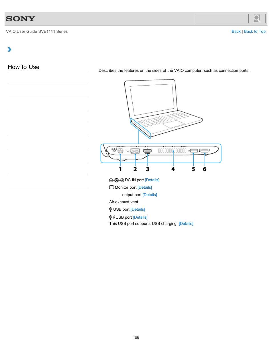 Parts and controls on the sides, How to use | Sony SVE11113FXW User Manual | Page 108 / 346