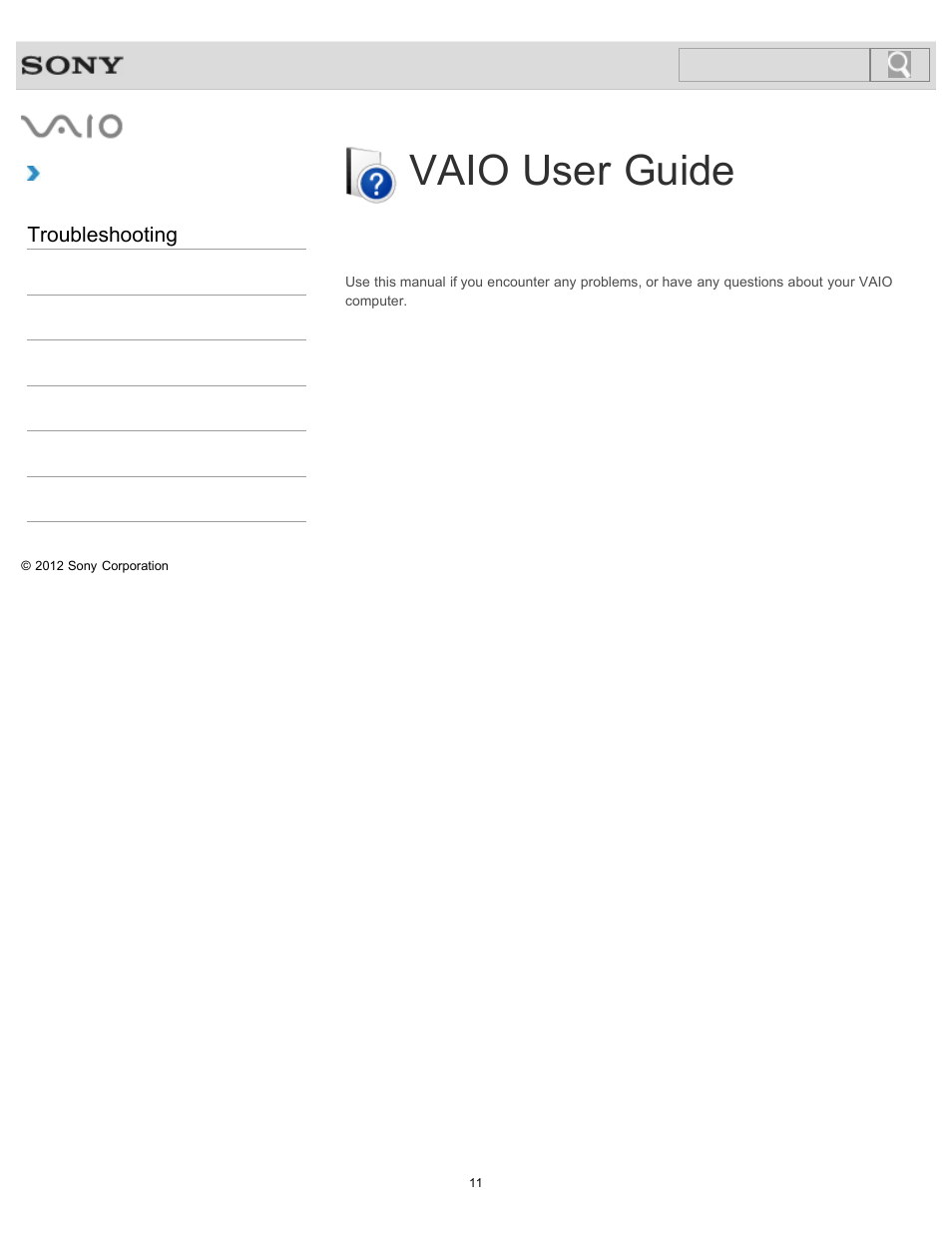 Troubleshooting, Vaio user guide, Sve1111 series | Sony SVE11113FXW User Manual | Page 11 / 346