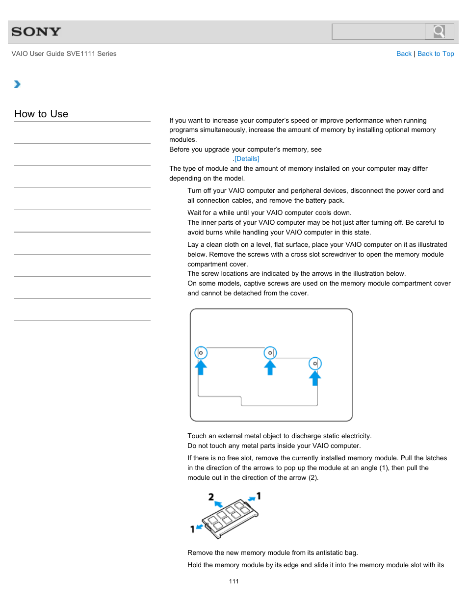 Adding and removing memory modules, Details, How to use | Sony SVE11113FXW User Manual | Page 111 / 346