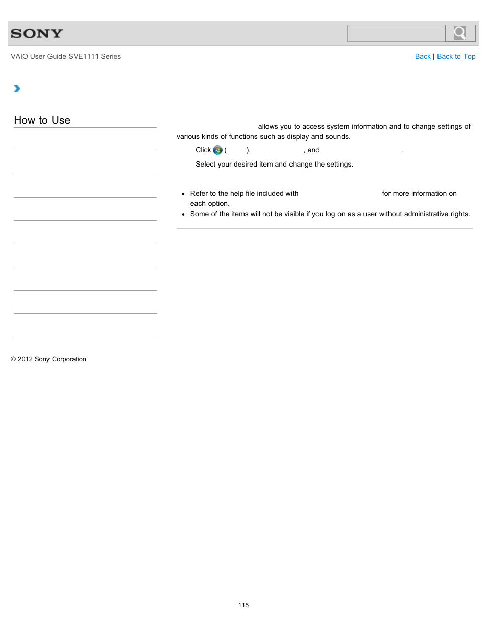 Customizing your vaio computer, How to use | Sony SVE11113FXW User Manual | Page 115 / 346