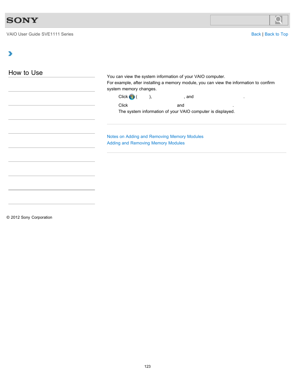 Viewing the system information, How to use | Sony SVE11113FXW User Manual | Page 123 / 346