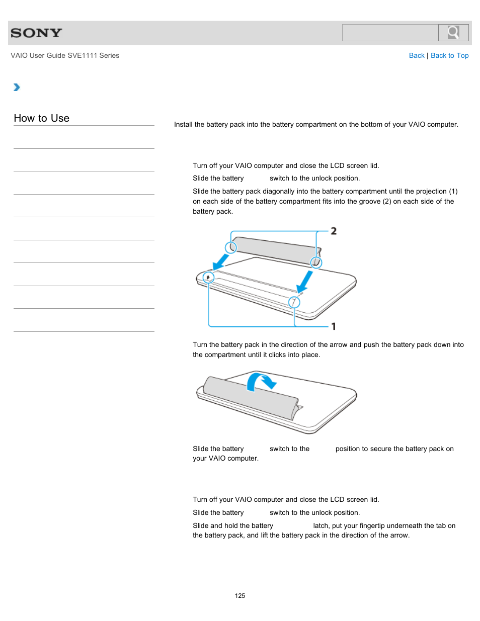 Installing/removing the battery pack, Details, How to use | Sony SVE11113FXW User Manual | Page 125 / 346