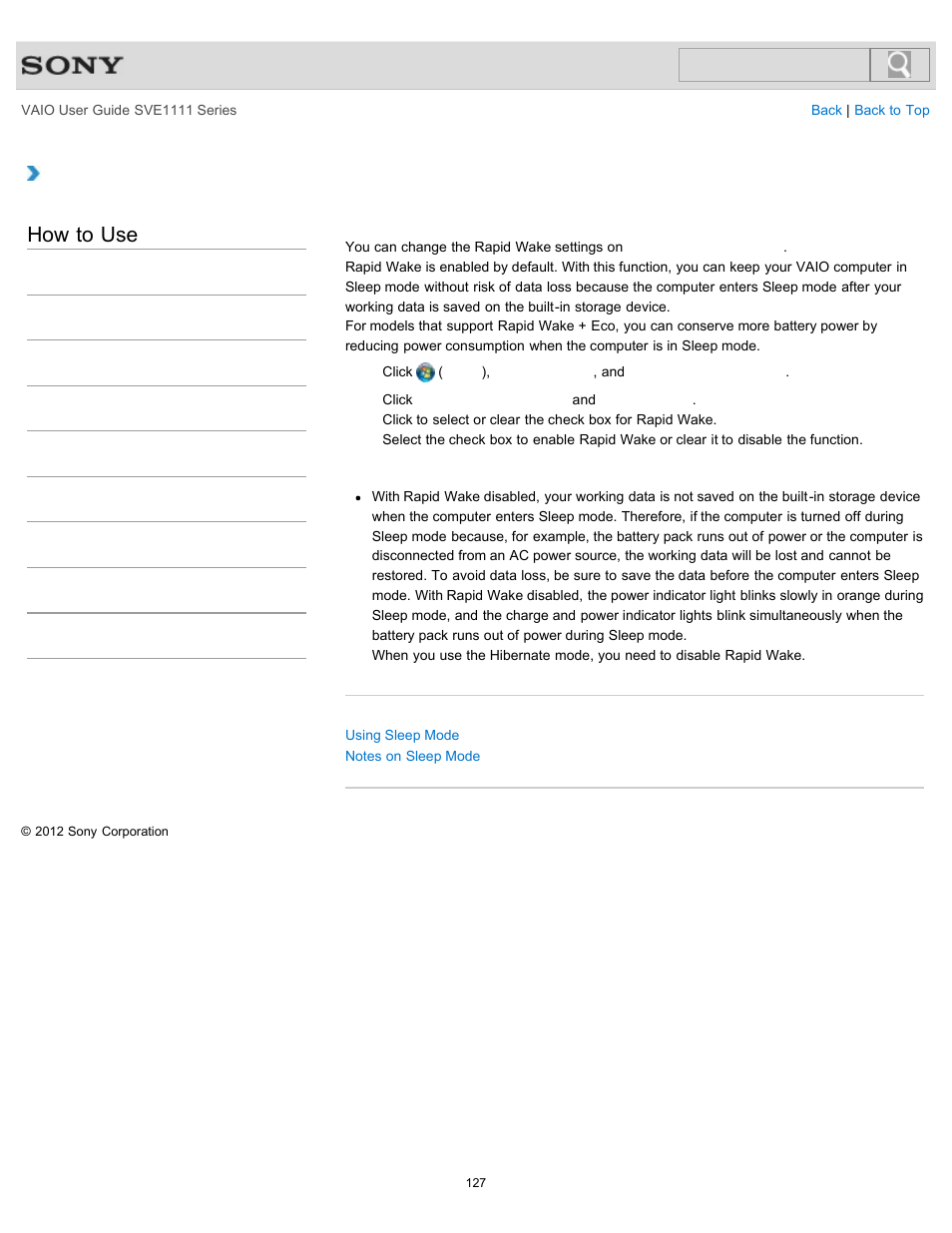 Changing the rapid wake (sleep mode) settings, How to use | Sony SVE11113FXW User Manual | Page 127 / 346