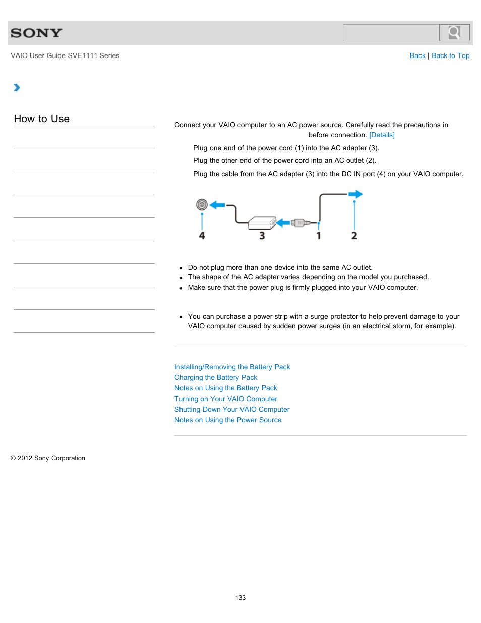 Connecting a power source, Details, How to use | Sony SVE11113FXW User Manual | Page 133 / 346