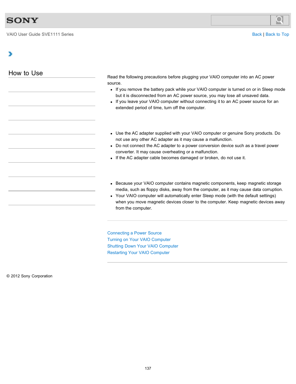 Notes on using the power source, Details, How to use | Sony SVE11113FXW User Manual | Page 137 / 346