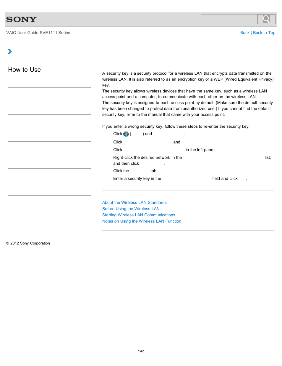 About a security key for a wireless lan, How to use | Sony SVE11113FXW User Manual | Page 142 / 346