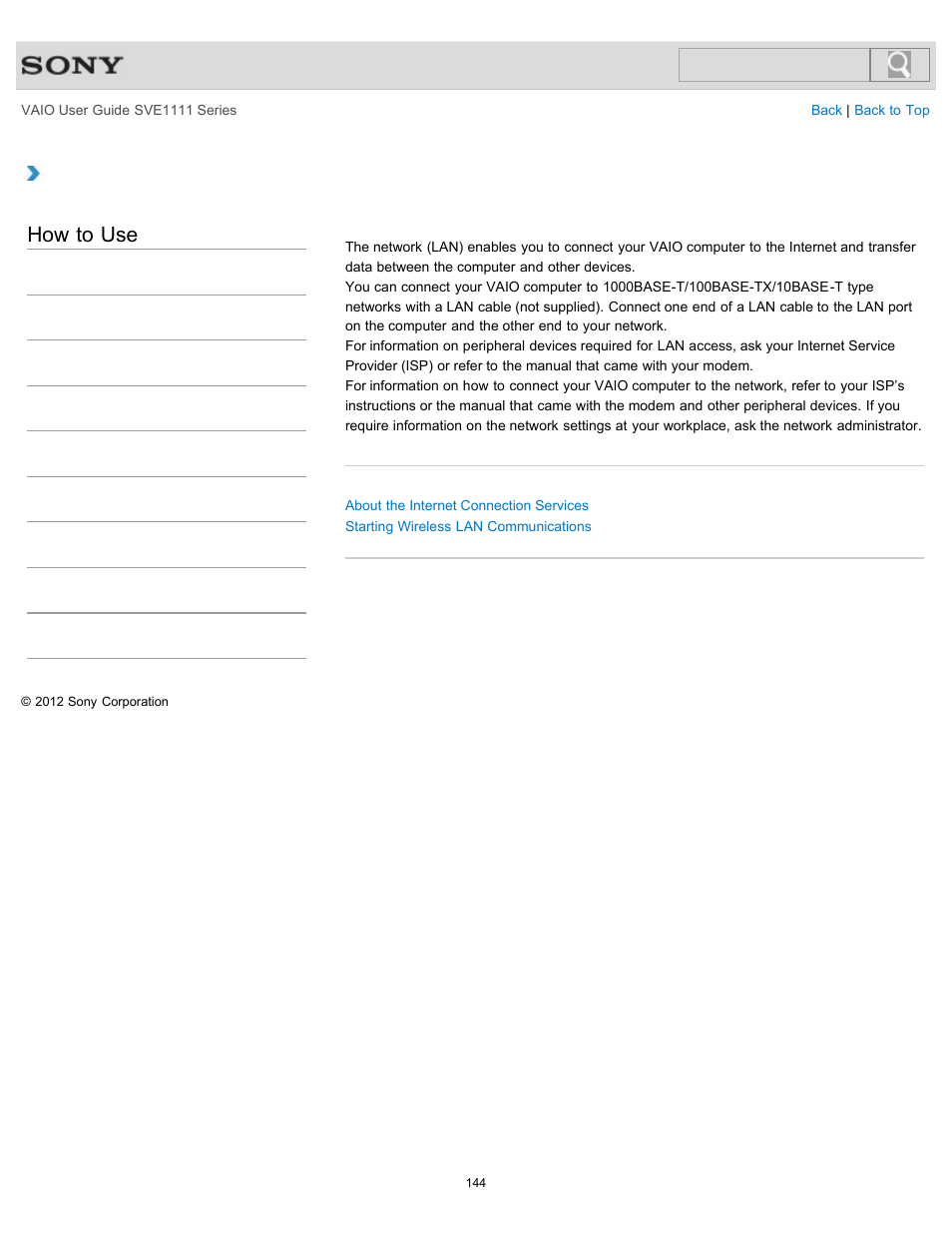 About the network (lan), How to use | Sony SVE11113FXW User Manual | Page 144 / 346