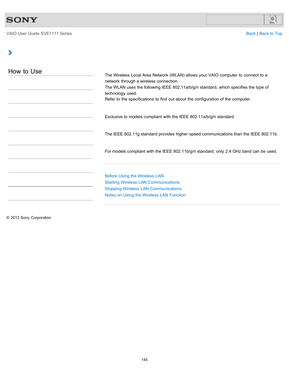 About the wireless lan standards, How to use | Sony SVE11113FXW User Manual | Page 145 / 346