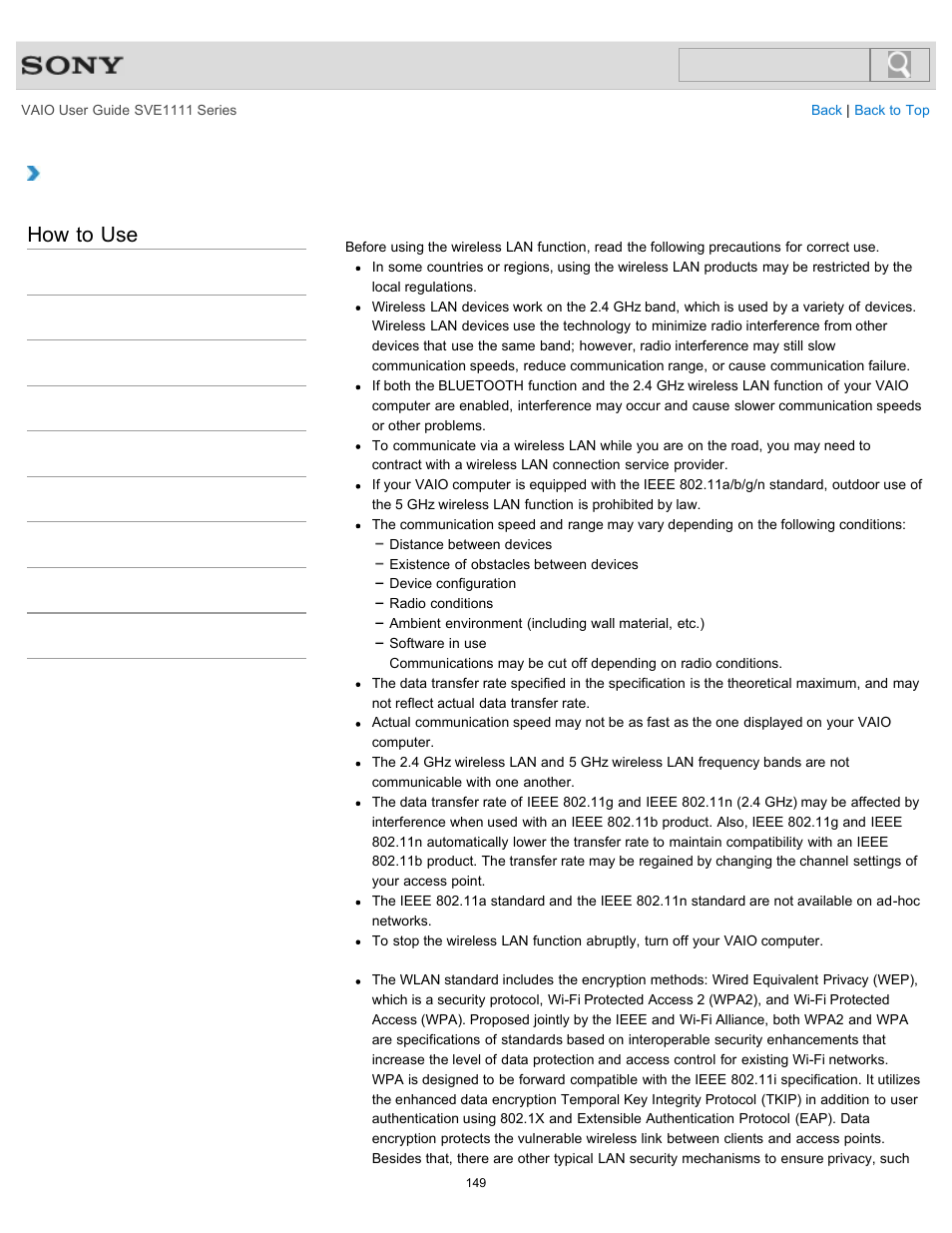 Notes on using the wireless lan function, How to use | Sony SVE11113FXW User Manual | Page 149 / 346